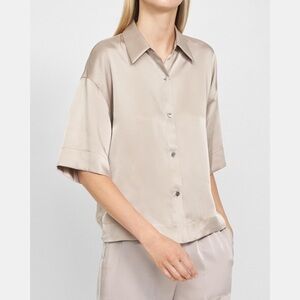 Theory Beige Satin Button-Up Blouse